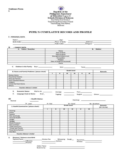Pupils Cumulative Record And Profile Guidance Form 1 Republic Of The
