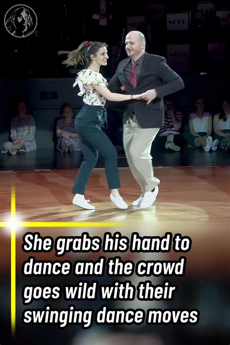 A Man And Woman Dancing On A Dance Floor With The Caption She Grabs His Hand To Dance And The