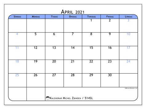 Hämta kalender med helgdagar 2021 för att skriva ut. Kalender "514SL" april 2021 för att skriva ut - Michel ...