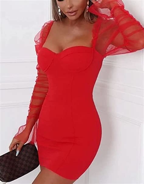 L Vow Sexy See Through Mesh Sheer Puff Long Sleeve Club Dress Bodycon Party Clubwear For Women