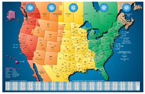 North America Laminated Gloss Full Color Time Zone Area Code Map