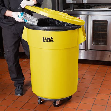 Lavex Janitorial 55 Gallon Yellow Round Commercial Trash Can With Lid