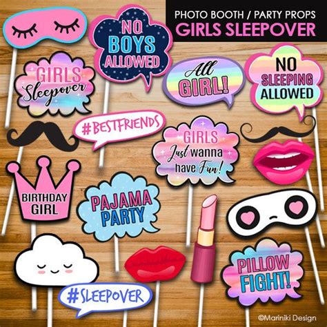 photo booth props for girls sleepover with lips mustaches and speech bubbles on sticks