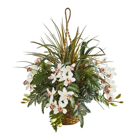 29” Cymbidium Orchid And Mixed Greens Artificial Plant Hanging Basket Nearly Natural