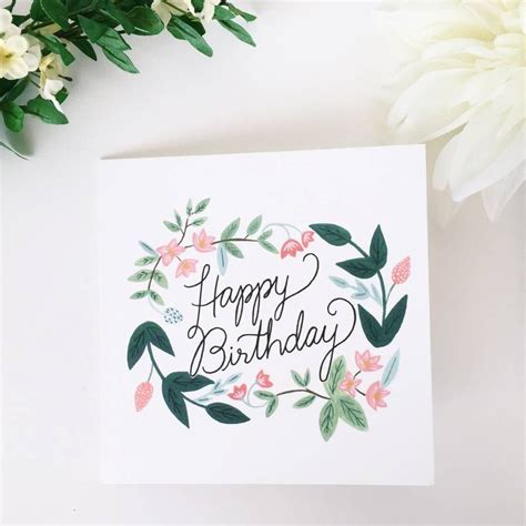 Happy Birthday Floral Card Calligraphy Birthday Card Happy