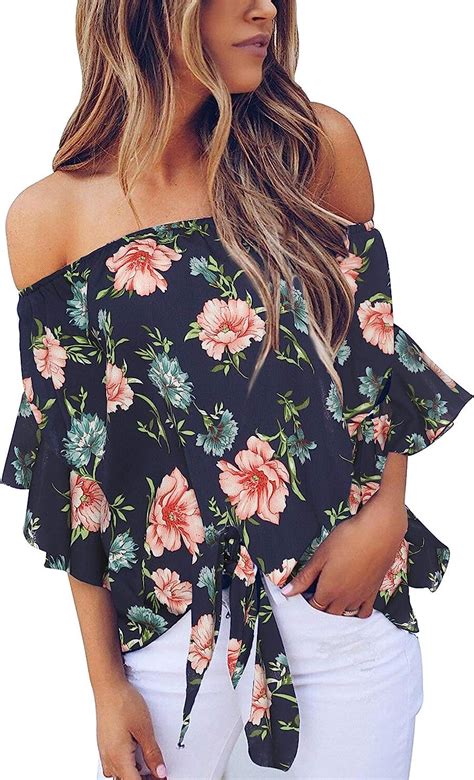 uniquestyle women s sexy off shoulder tops summer 3 4 flare sleeve t shirt shoulder off flowers