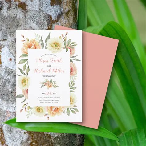Peach Coral Watercolor Flowers Floral Wedding Invitation Zazzle