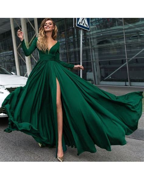 Elegant V Neck Dark Green Flowing Long Prom Dresses With Sleeves Pl214