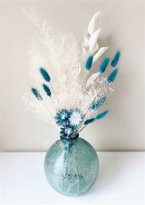 Dried Flower Arrangement Teal And Cream Teal Vase Included Etsy