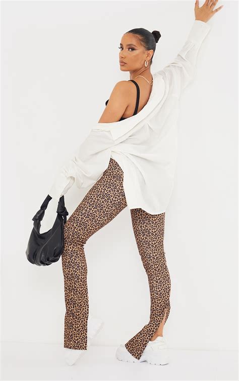 brown leopard print back split hem skinny trousers prettylittlething aus