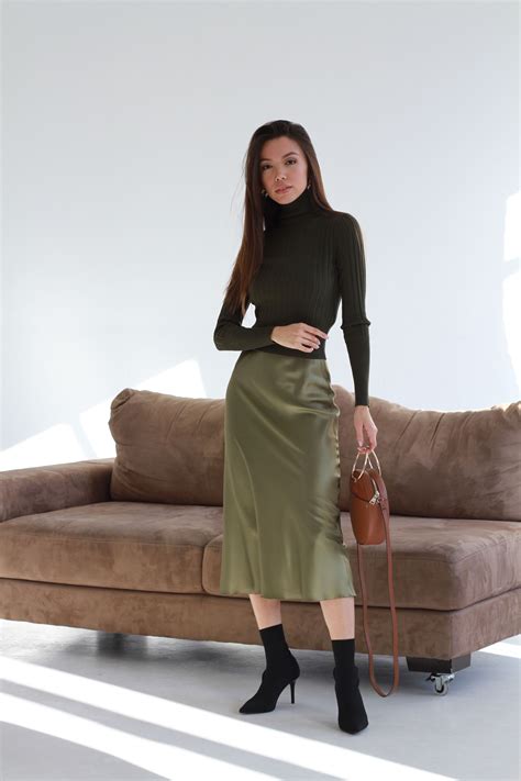 Army Green Silk Skirt Midi Long For Women Stretch Silk Skirt Satin Slip