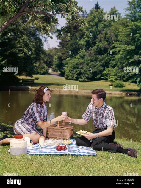 1960s Couple Picnic Man Woman Food Pond Picnics Eat Men Women Basket