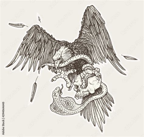 Eagle Vs Snake In Skull In Vector Hand Drawn Illustration Stock