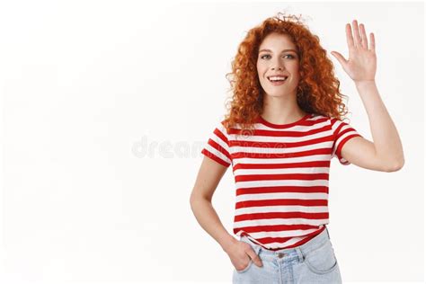 Gorgeous Curly Haired Caucasian Redhead Woman Raise Palm High Five