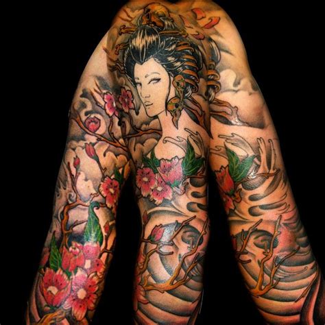 Neo Japanese Style Colored Sleeve Tattoo Of Geisha With Flowers Tattooimages Biz Tattoo