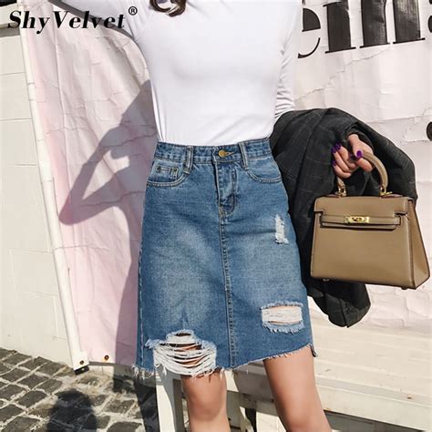 Slim High Waist Pencil Skirt Holes Ripped Saia Midi Feminino Washed Color Split Jupe Denim Skirt