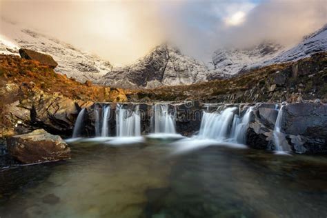 Fairy Pools Waterfall In Snowcapped Winter Landscape Isle Of Skye