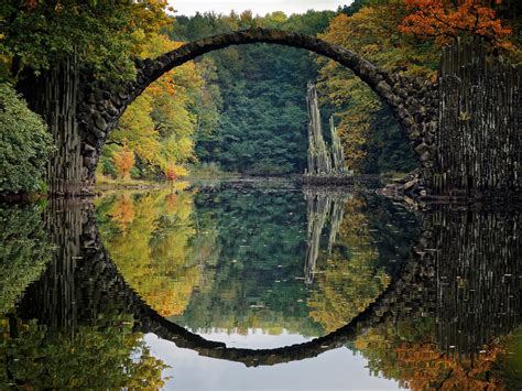 Bridge River Reflection Fall Landscape Colorful Germany
