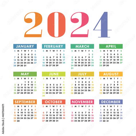 Calendar 2024 English Colorful Vector Square Wall Or Pocket Calender