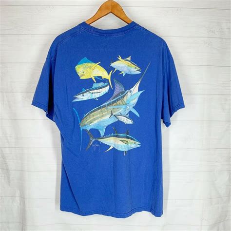 Guy Harvey Shirt L Blue Fish Art Saltwater Fishing Cotton Short Sleeves