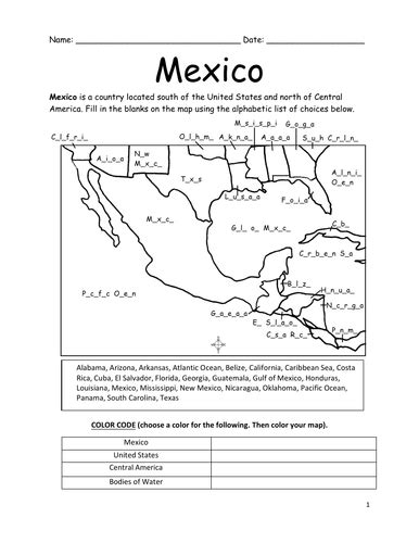 Mexico Printable Map Fill In The Blanks Teaching Resources