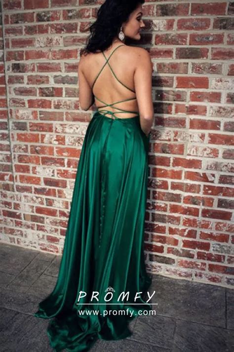 Emerald Green Sleek Satin Open Back Split Floor Length Prom Dress Promfy