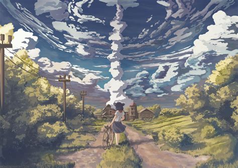 Wallpaper Anime Landscape Scenic Girl Clouds Forest