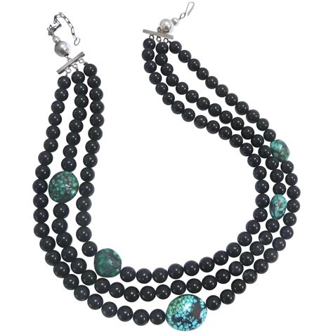 Black Onyx And Turquoise 3 Strand Necklace Sterling Silver 925 Susabella