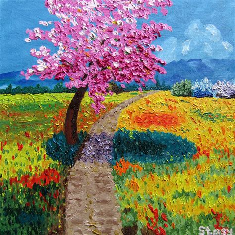 Sakura Tree In The Field Oil On Canvas Board 20x20 Cm Rart