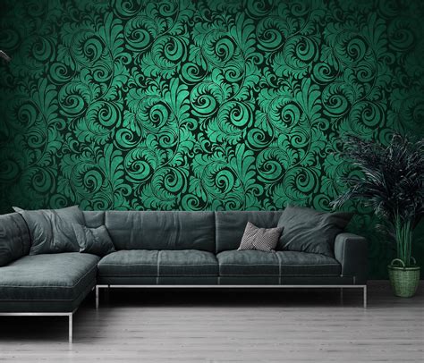 Modern Green Wallpaper With Ornaments Wall Mural Self Adhesive Peel