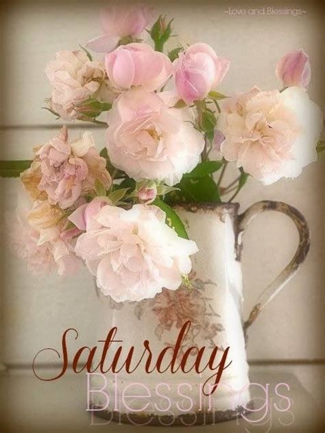 Pink Flowers Are In A White Pitcher With The Words Saturday Blessings