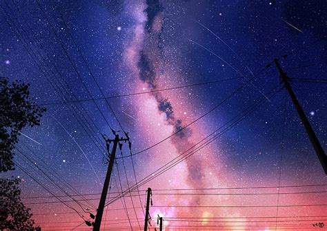 Anime Landscape Night Starry Sky Milky Way Scenic Falling Stars
