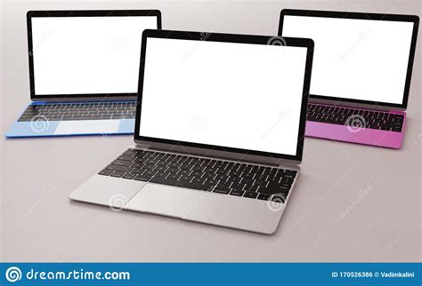Three Laptops With Different Colors And Flat White Screen Stock Photo