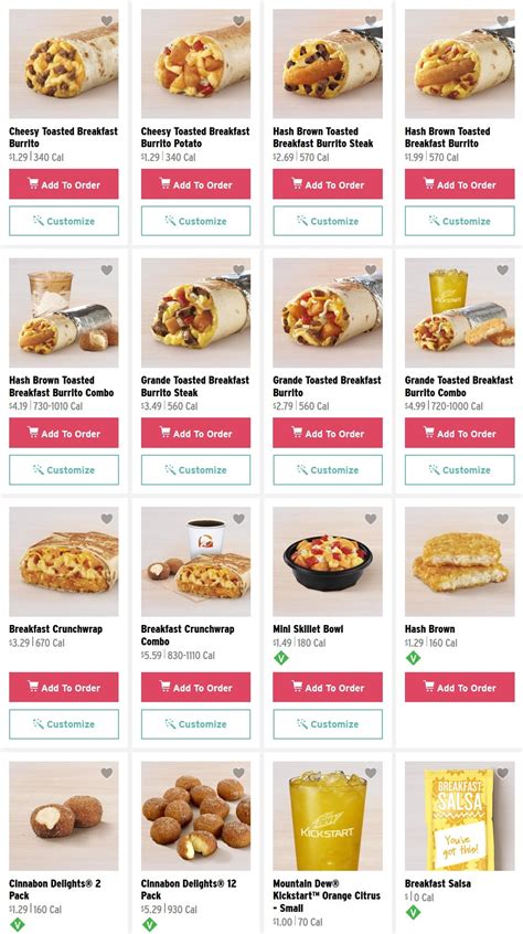 Select any item to view the complete nutritional information including calories, carbs, sodium and weight watchers points. Taco Bell Menu and Specials