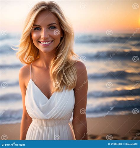 Cute Blonde Girl In Summer Dress Smiling At Sunset On The Beach