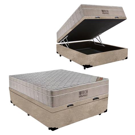 Cama Box Baú Casal Suede Colchão Casal Molas Ensacadas AirTech