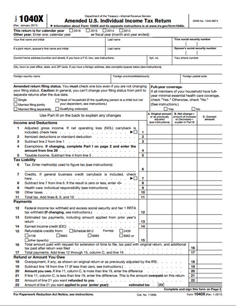 Fillable Form 1040x 2017 In 2023 Lesson Tax Forms Form