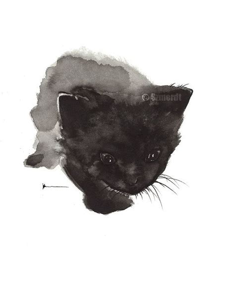 Black Cat Watercolor Painting Peeking Cat Giclee Fine Art Etsy In