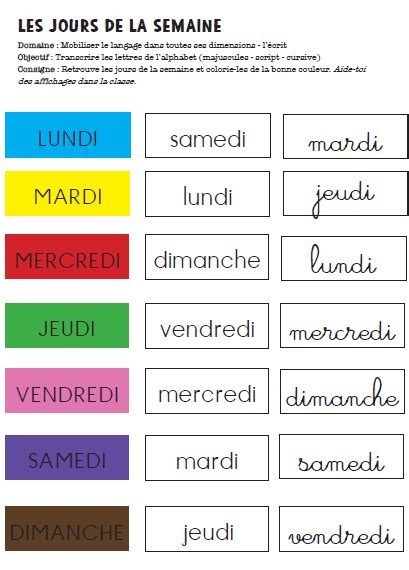Gs Correspondance 3 écritures Les Jours De La Semaine Jours De La