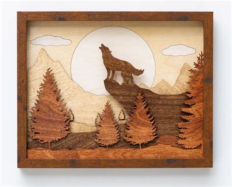3d Laser Cut Shadow Box Wood Scene Inlaid Howling Wolf In Etsy