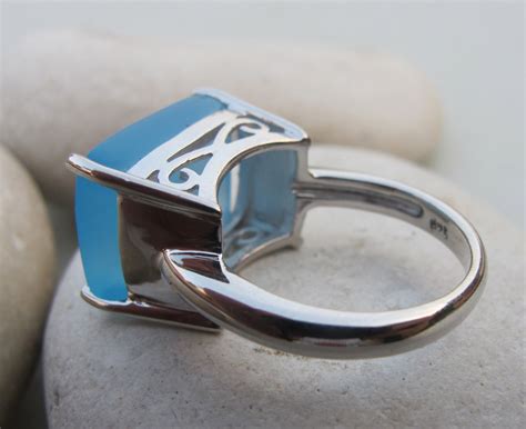 Blue Chalcedony Statement Ring Blue Gemstone Solitaire Ring Rectangle