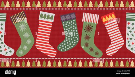 Funky Christmas Stocking Border Design In Traditional Colors Seamless