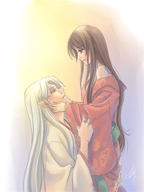 An Older Rin Gently Holding Sesshomarus Face In Her Hands Inuyasha
