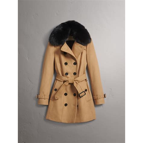 Wool Cashmere Trench Coat With Fur Collar In Camel Women Burberry