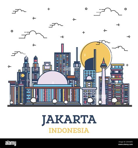 Outline Jakarta Indonesia City Skyline With Colored Modern Buildings