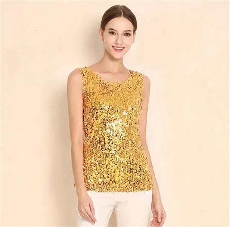 2019 New Fashion Chiffon Sequin Sleeveless Blouse Plus Size Gold Shirt