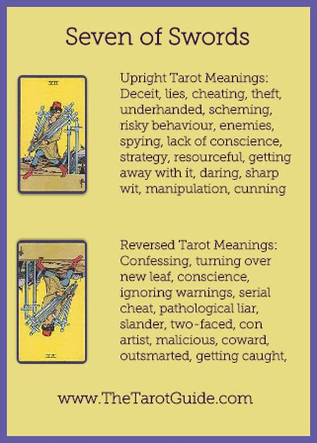 The seven of swords is a particularly important card in terms of what it signals about your future. Seven of Swords Tarot Flashcard showing the best keyword meanings for the upright & reversed ...