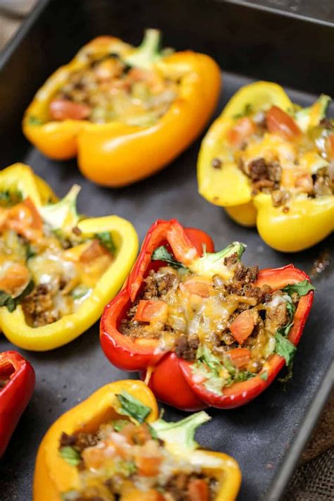Stuffed bell peppers cook in the oven for 1 hour and 30 minutes, so they need some liquid love to prevent them from shrinking like a frightened turtle. Bell Pepper Stuffed Tacos are baked with your favourite taco toppings inside, a great low-carb ...