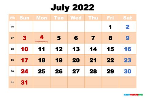 Free Printable July 2022 Calendar With Holidays Free Printable 2021