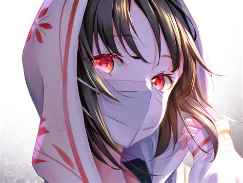 Wallpaper Anime Girls Mask Red Eyes Black Hair Short